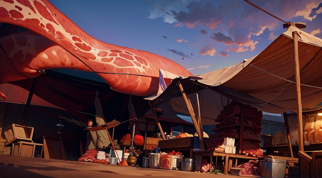traditional market, (butchery, (they sell meats, skull) :1.2), (market stalls, market tents, canopies, tarp canopy), wooden boxes, wooden basket, wire,, sand ground, (dawn sky), dark morning, low angle, AnatomicTech,