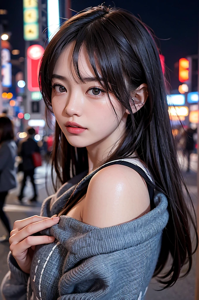 One girl, Tokyo Street,night, Cityscape,City lights, Upper Body,close, 8K, RAW Photos, Highest quality, masterpiece,Realistic, photo-Realistic,nude