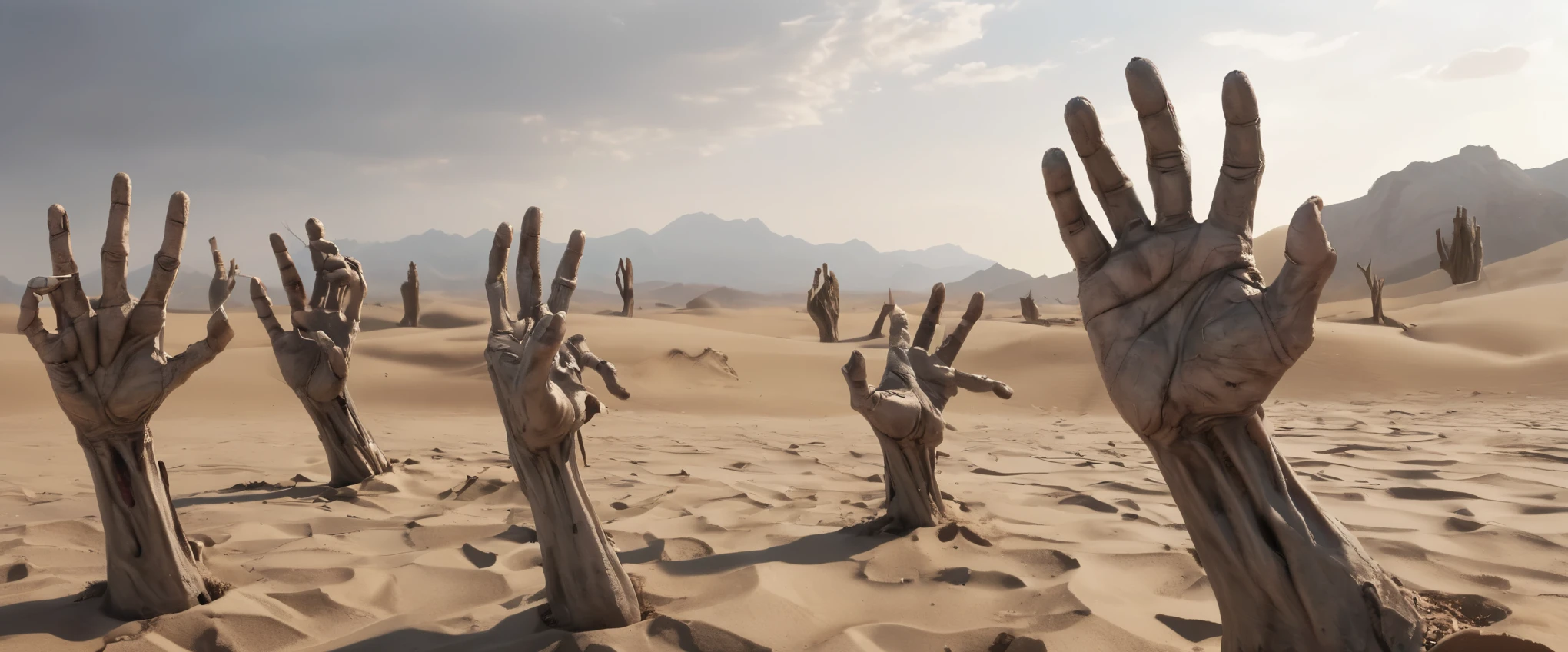 zombie hands raising from the ground, dry desert, detailed zombie hands, 