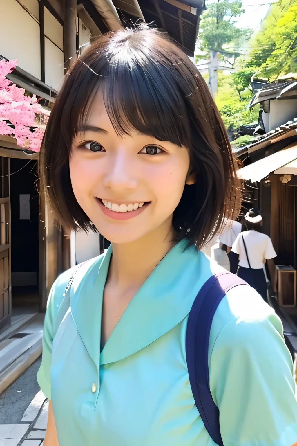 Please generate a video of a 24-year-old Japanese woman working at a travel agency showing people around Kyoto.。A kind smile、Short Hair、Beautiful Skin、The season is early summer、Short-sleeved uniform、Kamigyo Ward, Kyoto。