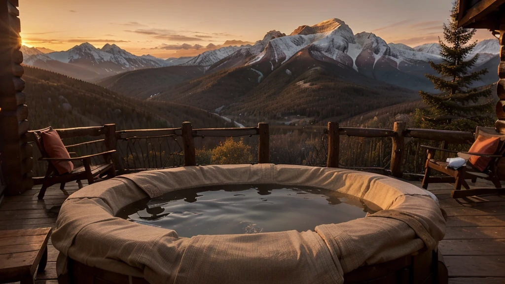 A stunning sunrise at a mountain cabin with a cup of coffee. The warm hues of the sun kiss the sky, painting it in shades of orange, pink, and gold as the light spills over the surrounding peaks. The image, most likely a photograph, captures the tranquility and beauty of the moment perfectly. The cozy cabin exudes a welcoming glow, with wisps of smoke rising from its chimney adding a touch of charm. This high-quality image transports viewers to a serene and peaceful getaway in nature, where every detail is bathed in the soft, ethereal light of dawn.