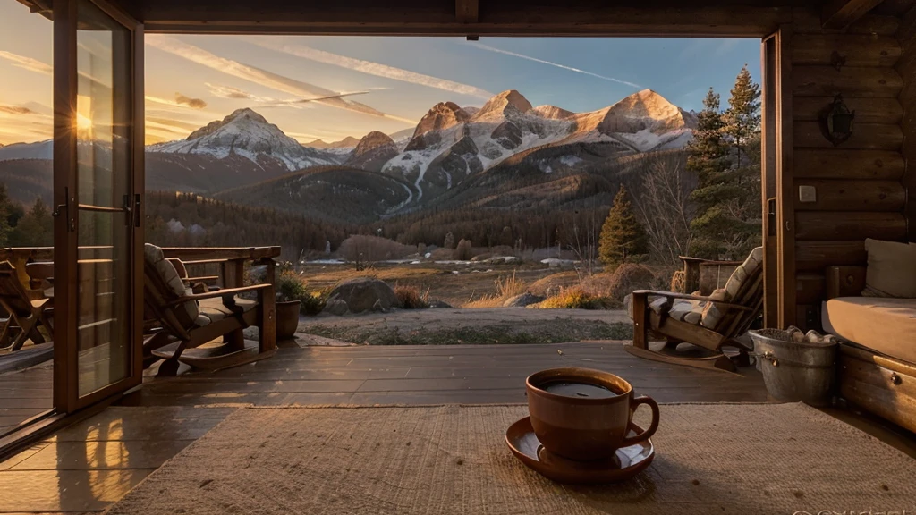 A stunning sunrise at a mountain cabin with a cup of coffee. The warm hues of the sun kiss the sky, painting it in shades of orange, pink, and gold as the light spills over the surrounding peaks. The image, most likely a photograph, captures the tranquility and beauty of the moment perfectly. The cozy cabin exudes a welcoming glow, with wisps of smoke rising from its chimney adding a touch of charm. This high-quality image transports viewers to a serene and peaceful getaway in nature, where every detail is bathed in the soft, ethereal light of dawn.