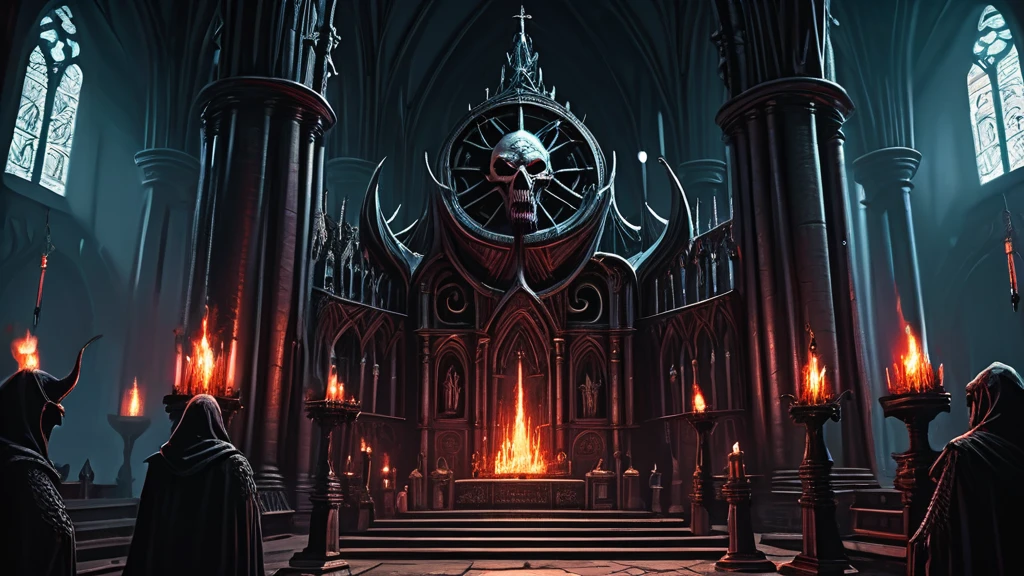 depicting a sinister satanic cult in a medieval dark fantasy setting. The scene takes place in a shadowy, ancient cathedral, its towering stone arches and stained glass windows casting eerie, multicolored light upon the gathered cultists. At the center of the cathedral, a massive altar carved from black obsidian stands ominously, adorned with crimson runes that pulse with a malevolent glow.
Around the altar, hooded figures in tattered black and crimson robes chant in a forgotten tongue, their faces hidden in the depths of their hoods, only their eyes glinting with fervent zeal. The leader of the cult, a figure with a twisted, goat-like mask, stands behind the altar, holding an ancient tome inscribed with dark rituals.
Suspended above the altar is a massive, grotesque statue of a horned demon, its eyes burning with infernal fire, casting an oppressive and malevolent aura over the scene. Shadowy specters and ghostly apparitions swirl around the edges of the cathedral, hinting at the dark forces summoned by the cult’s unholy rites.
The atmosphere is thick with a palpable sense of dread and forbidden power, as if the very fabric of reality is being torn asunder by the cult's dark incantations. The image should evoke a feeling of unease, capturing the sinister and otherworldly essence of a medieval satanic cult performing their profane rituals in the heart of a dark, foreboding cathedral."