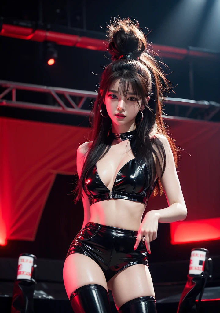 K-pop girl group 4 members on stage performing. Red lights, black leather outfits