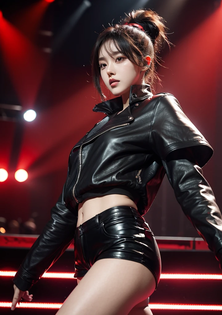 K-pop girl group 4 members on stage performing. Red lights, black leather outfits
