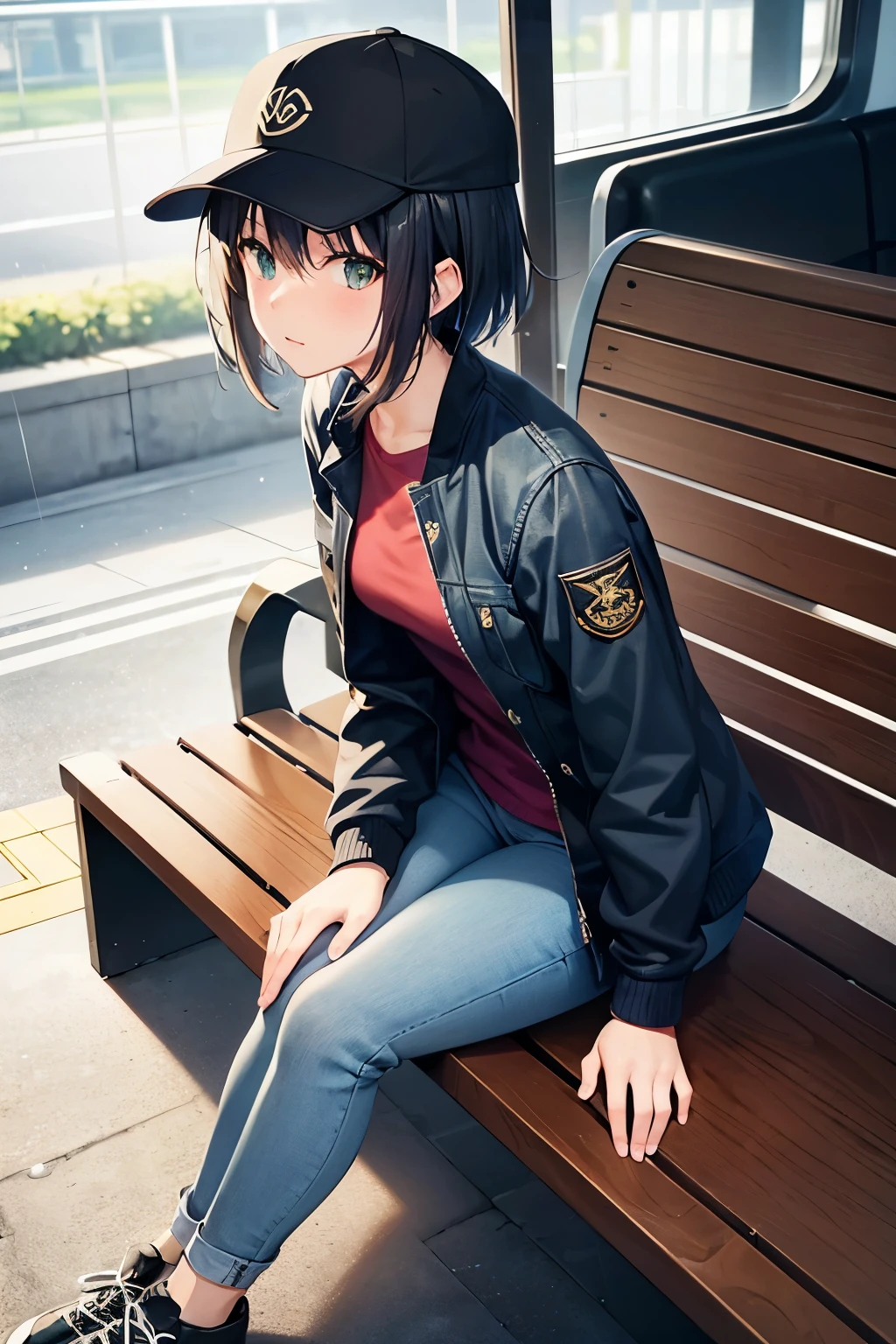 A -yeld Jaese girl in a light novel (LN) anime style sitting on a bench at a train station platform. She is wearing wide straight denim pants, a black flight jacket, and green Converse shoes. She has short black hair, a baseball cap, and a languid expression. Behind her, through the window, it's raining. The scene has a soft filter, creating a faint and dreamy atmosphere.