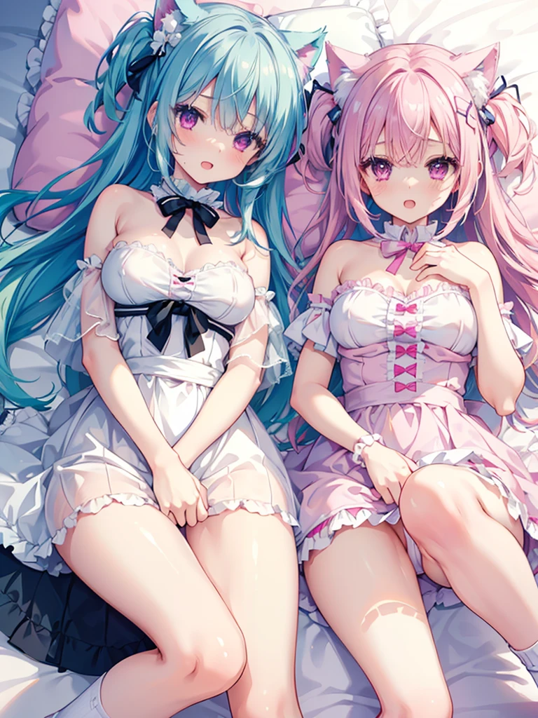 NSFW,Two Girls,Lying down,((Lift both legs yourself)),no Panties,Having sex,Light blue hair,Light pink hairstyle,Cat ears,Pink eyes,Light blue ta,white sock,Lori,pink bows,Smile with open mouth,Top image quality,Best Quality, 4k,masterpiece