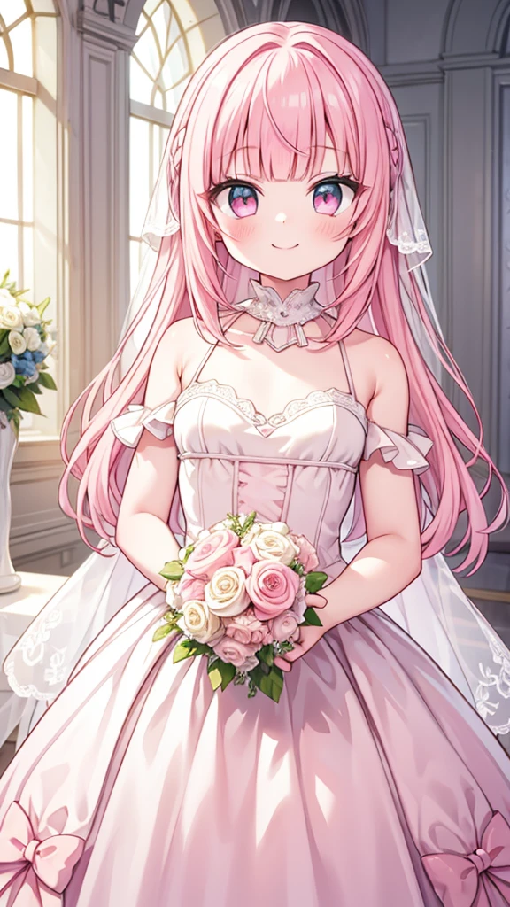 masterpiece, best quality, hyper detailed,1girl, smiling, looking at viewer,flat chest,light pink hair, blunt bangs,middle hair,gradient eyes,light pink eyes,light green eyes,Wedding dress,