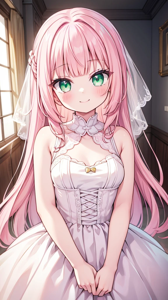 masterpiece, best quality, hyper detailed,1girl, smiling, looking at viewer,flat chest,light pink hair, blunt bangs,middle hair,gradient eyes,light pink eyes,light green eyes,Wedding dress,
