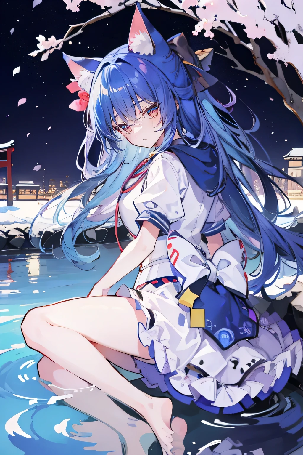 (masterpiece:1.2),Super detailed,lifelike,Expressive eyes,fair skin,perfect face shape,1 girl,
Japanese comics,Gorgeous blue hair,flowing blue hair,flowing clothes,Cat ears,Petals fall,beautiful lola,Baby Angel,
Shaking head with one hand,Cross your legs,Gentle and peaceful background,The pavilion is cool and comfortable,smile, wearing hoodie, background of tokyo,back views,snowing, winter,lie on the water,Lying on the ground。