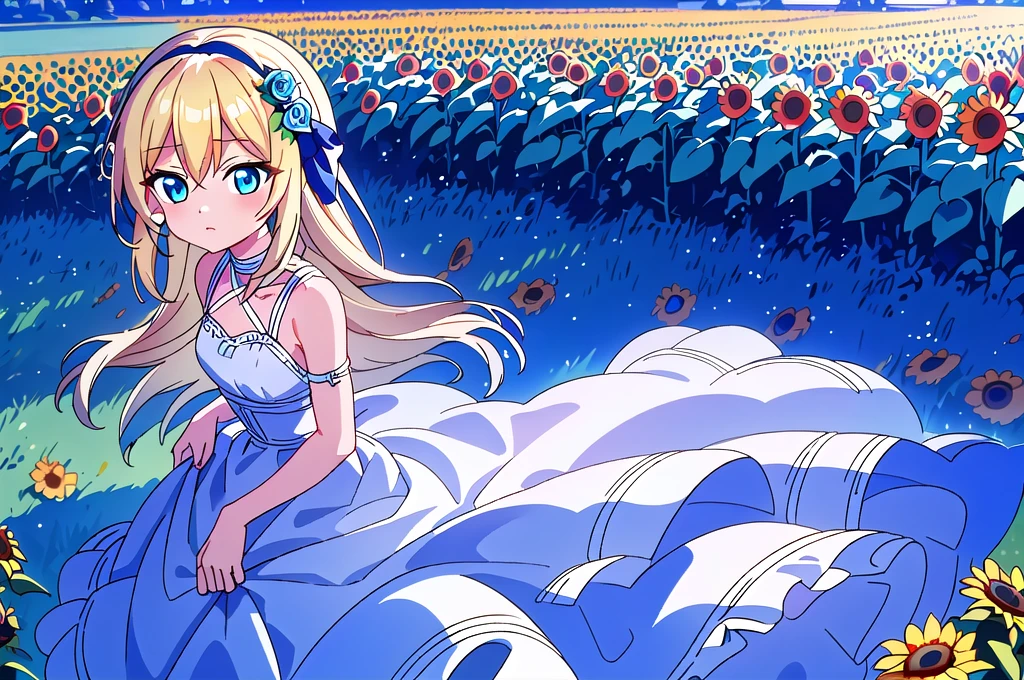 insanely detailed, absurdres, ultra-highres, ultra-detailed, best quality,
1girl, solo,  qhly, blonde hair, blue eyes, garden, roses, sunflowers, no breasts, no emotions, hands on the back, white and blue dress, 
