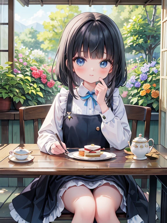 (8K, Highest quality, tableトップ:1.2), Ultra-high resolution, halftone, 14-year-old girl, Perfect Fingers, Detailed face, blue eyes, black hair, blunt bangs, Blue Apron Dress, garden, flower bed, (table:1.5), tea , Tea cup, cake, Sit on a chair