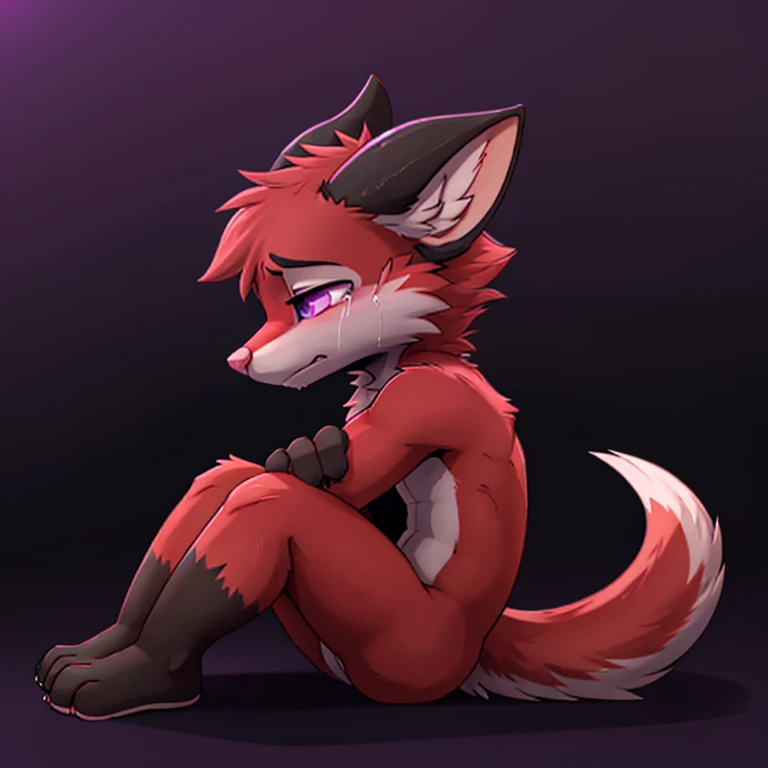 Anthropomorphic adult male crimson fox, with purple eyes, horns, pink nose, black ears, black sholders, sitting on ground, head down, hugging his legs, crying loudly, solo, ears down, solid color background, digital art, side view, tears on eyes, very sad face, eyes closed, looking down, long tail