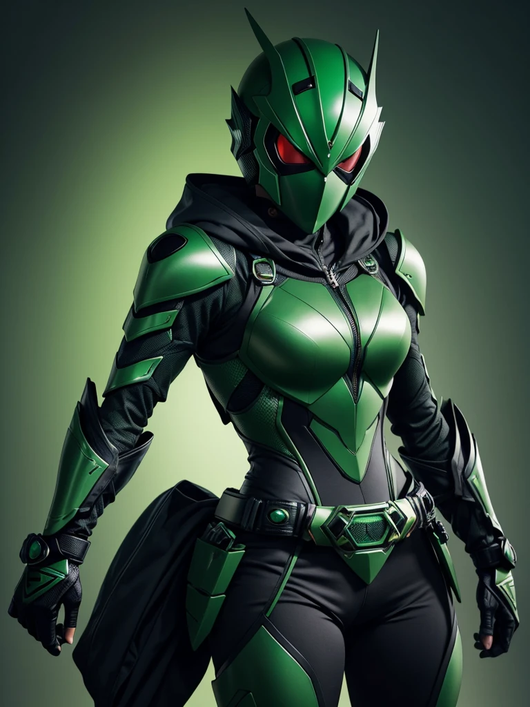 1 teenage girl. Slim body. Female Kamen rider. Basilisk styled kamen rider. Green and black female kamen rider suit. Basilisk styled full face kamen rider helmet. No face exposed. No hair exposed. Kamen rider belt. Standing pose. Green background.