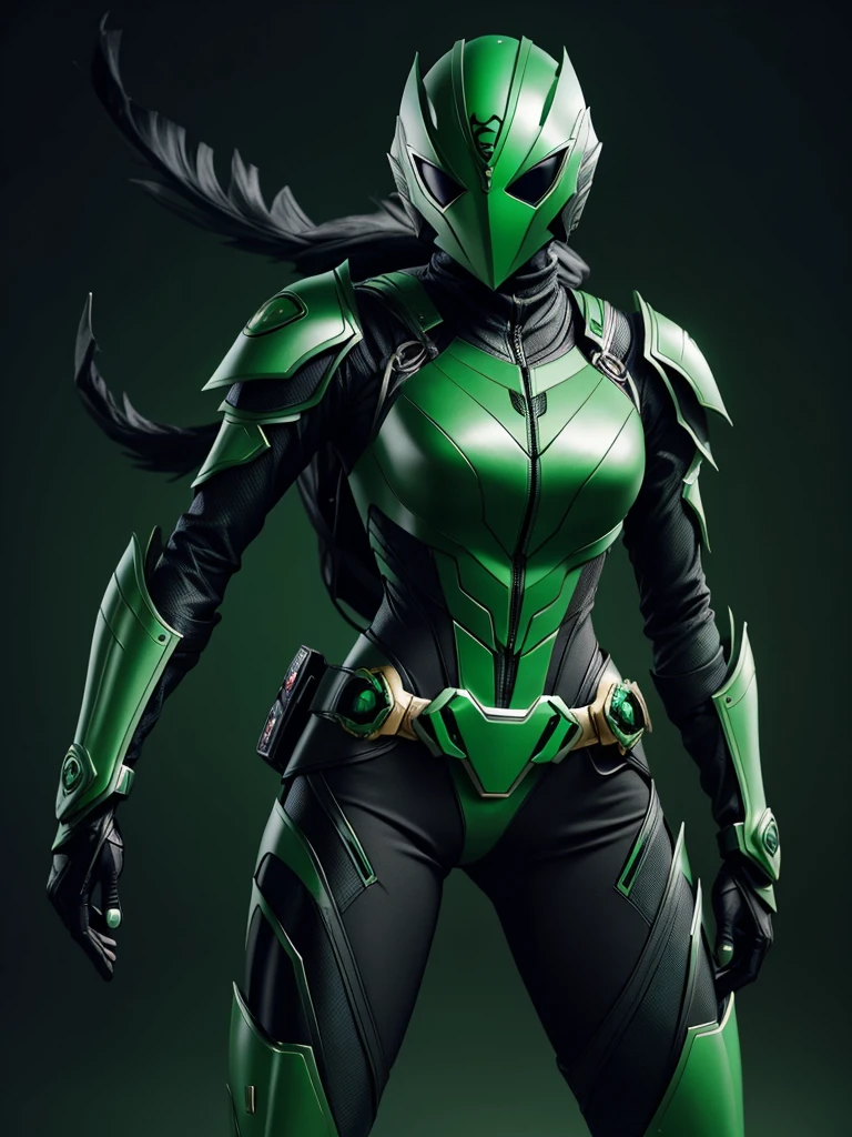 1 teenage girl. Slim body. Female Kamen rider. Basilisk styled kamen rider. Green and black female kamen rider suit. Basilisk styled full face kamen rider helmet. No face exposed. No hair exposed. Kamen rider belt. Standing pose. Green background.