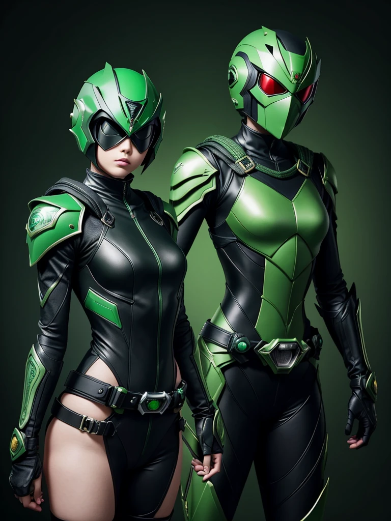 1  girl. Slim body. Female Kamen rider. Basilisk styled kamen rider. Green and black female kamen rider suit. Basilisk styled full face kamen rider helmet. No face exposed. No hair exposed. Kamen rider belt. Standing pose. Green background.