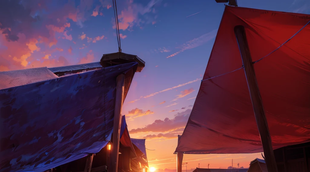 (under tarp canopy, wooden pole, under the market tents, under the canopies), wire, buildings roofs farr away, low angle, dawn sky, daybreak, sun rise from the left,