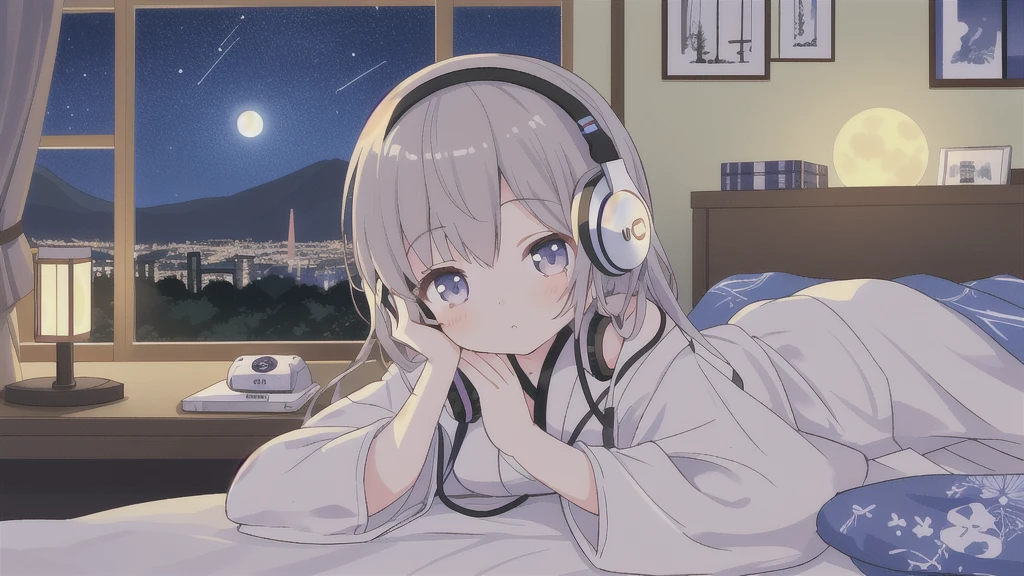 Young girl listening to music on headphones while lying on bed by the window in room、Outside the window、Under the stars、Night cityscape。Beautiful night view。Capture the beauty and serenity of this scene、Moonlight Flower々。Japan