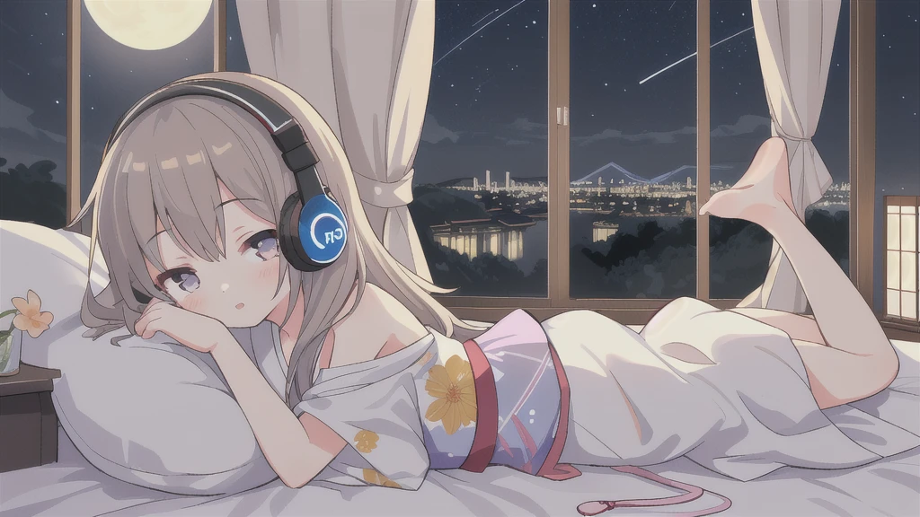 Young girl listening to music on headphones while lying on bed by the window in room、Outside the window、Under the stars、Night cityscape。Beautiful night view。Capture the beauty and serenity of this scene、Moonlight Flower々。Japan