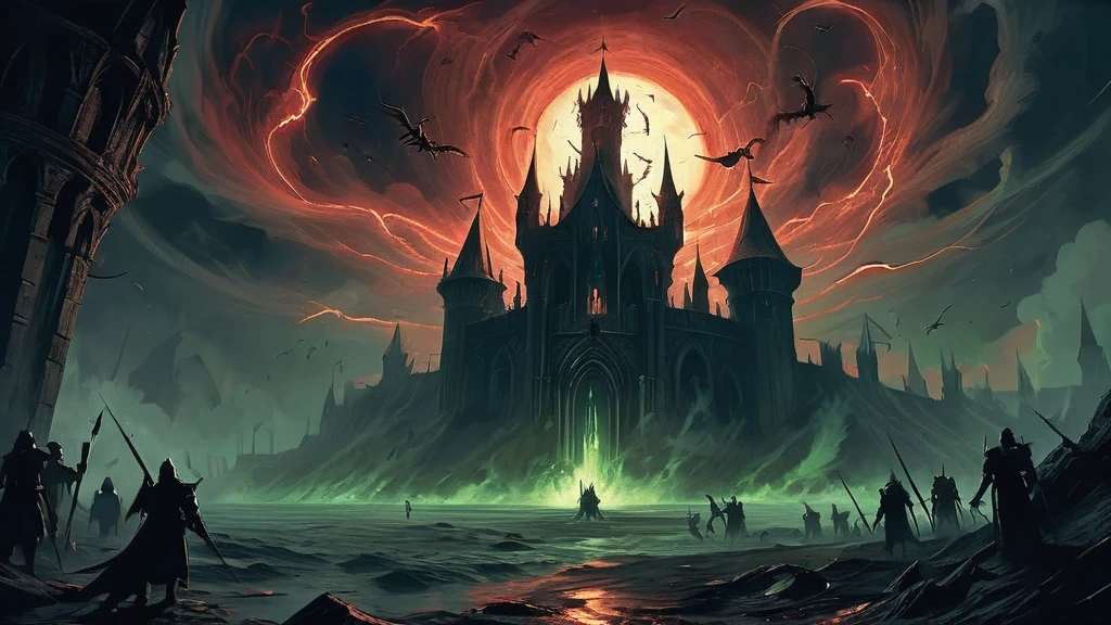 Amidst the chaos of a moonlit battlefield, where the air is thick with the acrid scent of blood and smoke, surrounding, the remnants of his warband clash with monstrous creatures that have emerged from the depths of the Abyss—twisted abominations with eyes that gleam with a hunger for destruction. The dark sky above is rent with flashes of arcane lightning, illuminating the skeletal remains of ancient fortresses and the spectral forms of fallen warriors rising to join the fray.
In the distance, the silhouette of a cursed castle looms ominously, its towers reaching skyward like skeletal fingers clawing at the heavens. The castle's windows flicker with an unnatural light, hinting at the dark sorcery and malevolent forces that reside within its walls. As the knight advances, he knows that his final confrontation with the malevolent sorcerer who has unleashed this nightmare upon the world draws near.
In this dark medieval fantasy image, the knight's unwavering resolve and the epic struggle against insurmountable odds are captured in vivid detail, painting a scene of both heroic valor and the encroaching darkness that threatens to engulf the realm. The image tells a story of sacrifice, courage