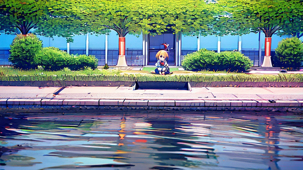 Happy child drinking water on sunny day outdoors on grass