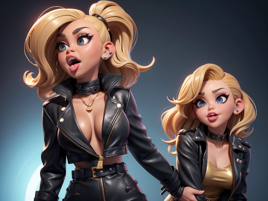 obra prima, melhor qualidade, ((miley cyrus, tan skin, wavy bob hair, open mouth, sticking tongue out side of mouth,)) head back, (sassy wicked sultry sneer, big teeth smile,) open mouth, pucker mouth, sunglasses, ((thick smoky black eye shadow, long fake eyelashes, sticking tongue out,)) (cerulean blue leather jacket with puff shoulder,) biker jacket has stiff collar, leather blouse, (magenta leather sweater dress, metallic leather sun dress, leather culottes,) ((gold blazer length leather coat,)) (periwinkle pvc skirt, pockets, unzipped front,) studs zippers snaps, shiny leather gloves, nip slip, body is skinny, laying down hugging each other on sofa, shiny tight buttocks, arched back, mashing breasts, ((passionate kissing, pelvis grinding,)) camera view of whole body, looking up at me, shallow depth of field, highres, HD, 8k, anatomically correct