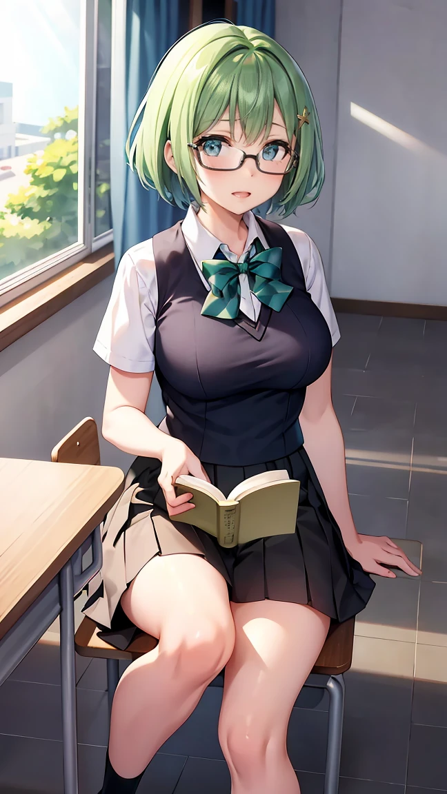 Girl with short green hair, Small size breasts,、Green Eyes, 、,Full body photo from head to toe、、、、Uplifting、、、School teacher、Glasses、Teaching in the classroom、Read a book aloud、Tight Skirt、suit、Roll up your sleeves