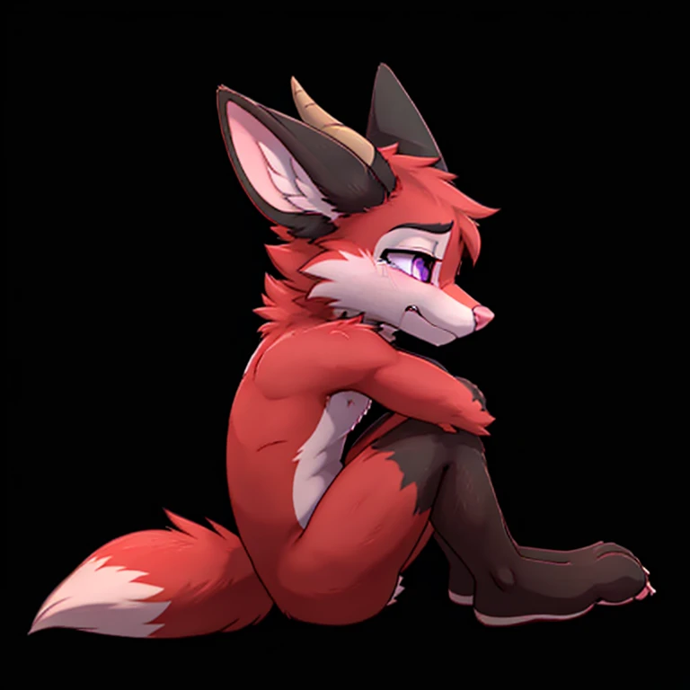 Anthropomorphic adult male crimson fox, with purple eyes, horns, pink nose, black ears, black sholders, sitting on ground, head down, hugging his legs, crying loudly, solo, ears down, solid color background, digital art, side view, tears on eyes, very sad face, eyes closed, looking down, long tail