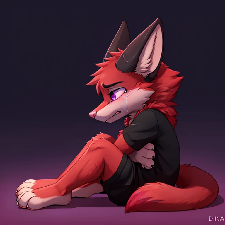 Anthropomorphic adult male crimson fox, with purple eyes, horns, pink nose, black ears, black sholders, sitting on ground, head down, hugging his legs, crying loudly, solo, ears down, solid color background, digital art, side view, tears on eyes, very sad face, eyes closed, looking down, long tail