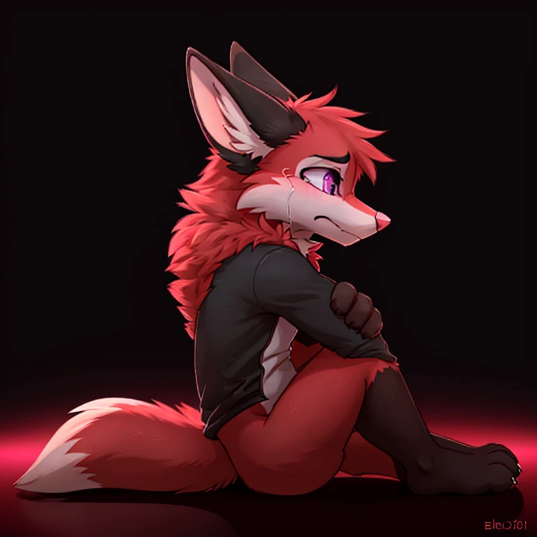 Anthropomorphic adult male crimson fox, with purple eyes, horns, pink nose, black ears, black sholders, sitting on ground, head down, hugging his legs, crying loudly, solo, ears down, solid color background, digital art, side view, tears on eyes, very sad face, eyes closed, looking down, long tail