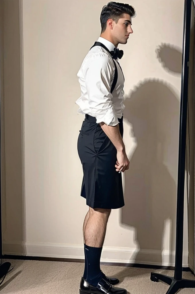 A handsome strong sexy manly man, dressed in a white shirt with a bow tie, the shirt neatly secured with mens shirt stays. Wearing only black underwear and black socks below, the socks held up with garters. The photo is a full-body shot from a side angle, taken in a fashion photography style, set against a backdrop of a clean, uncluttered space, sun glasses