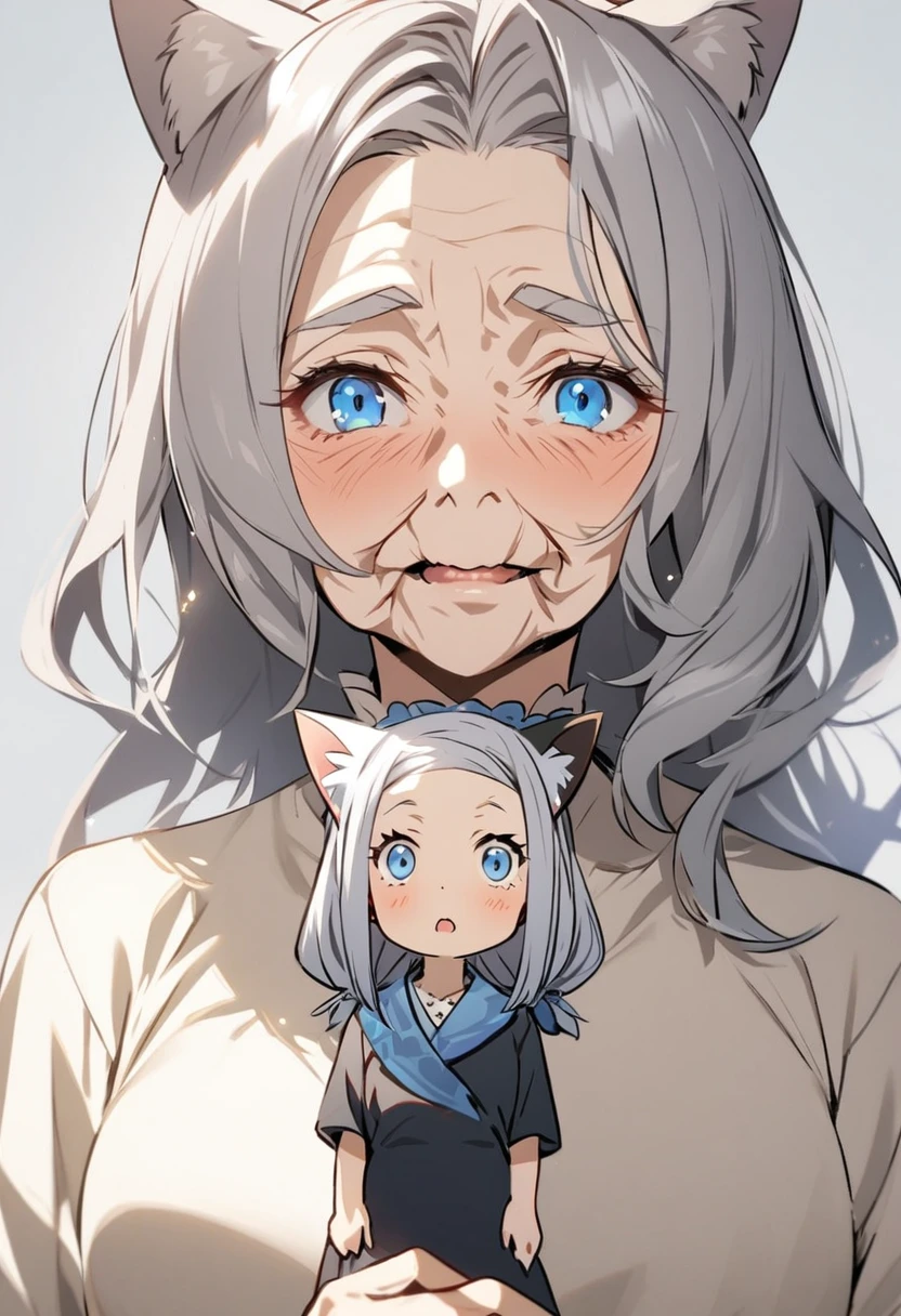 one woman, yellow gray hair, blue eyes, cat ears, old woman
