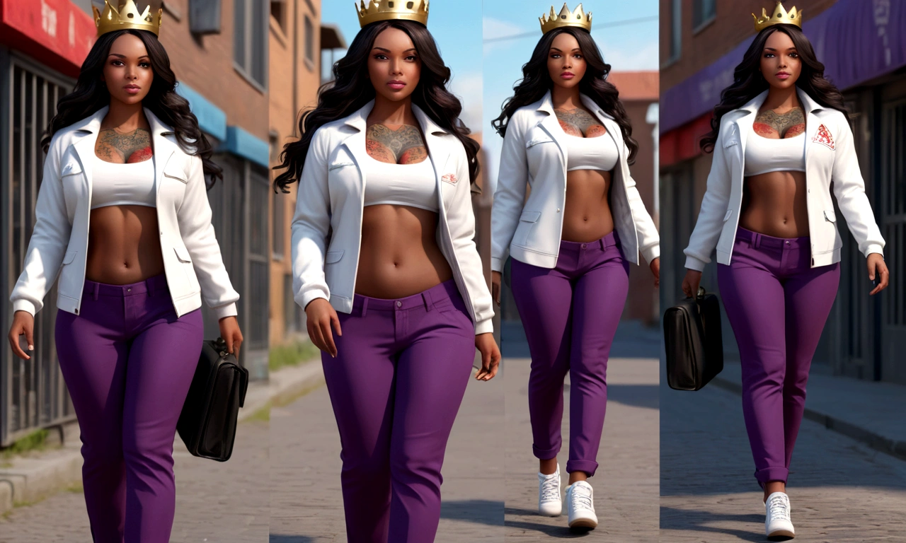 She&#39;s wearing a crown on her head, walking through a city, it&#39;s movement (Black-skinned woman Beautiful brunette with a perfect body, beautiful, big, perfect breasts, wide, thin thighs, perfect, everything perfect,) ((Art Style Full Length View, full-featured))characteristics (Purple and black straight hair style, wavy, prisoner, Loose) ( clothing style wearing a white jacket and red pants) ( Full body tattoo style) .8K uhd, high qualiy, volumetric light, photoshot, high resolution, 4K, 8K
