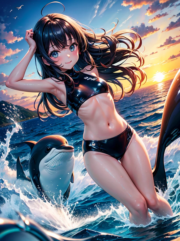 Highest quality,Highest Resolution,Girl swimming in the deep sea,The picturesque world of Lassen,Dolphins and Killer Whales,coral,sunset,