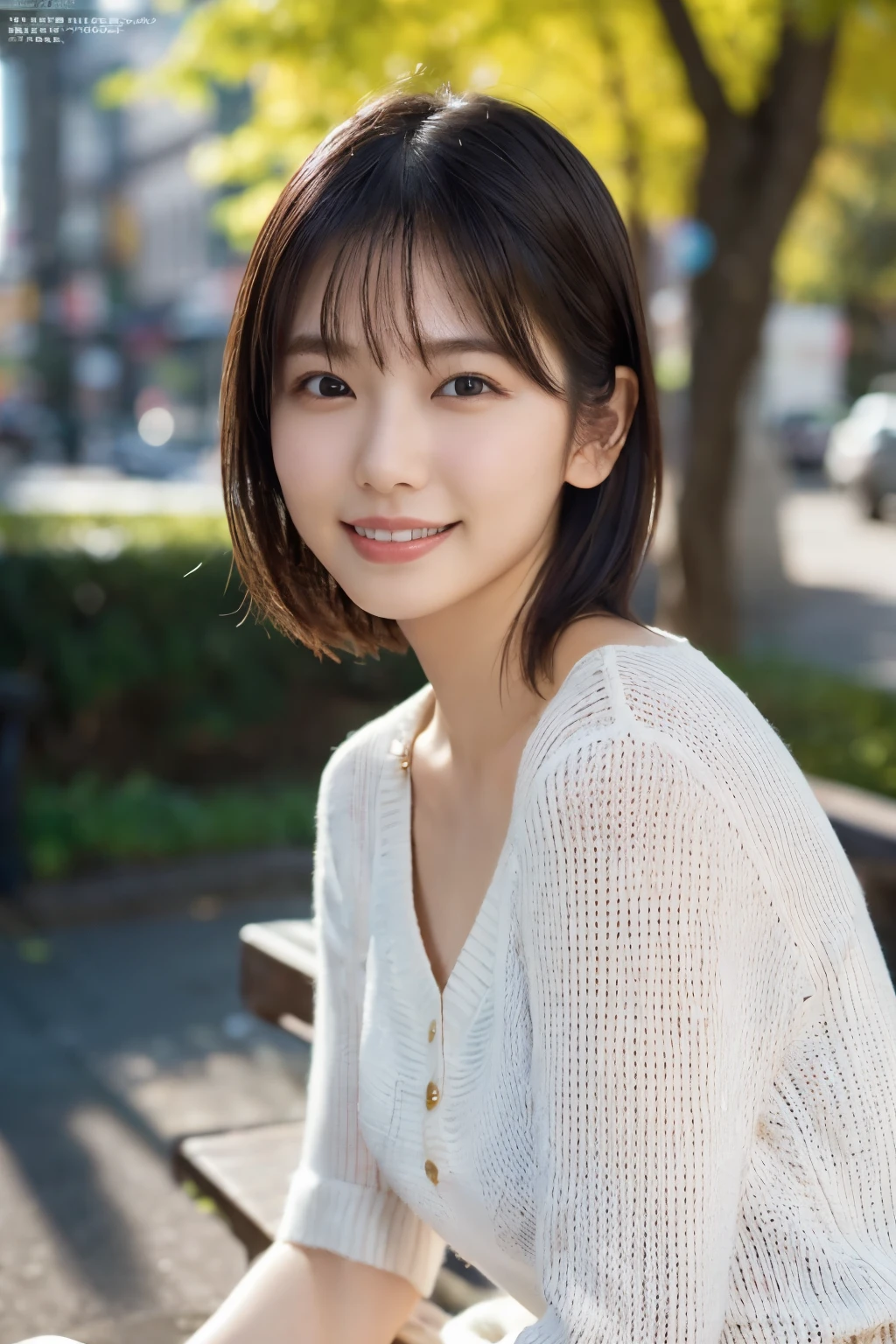 1 Girl, (Wearing a white summer sweater:1.2), Very beautiful Japanese idol portraits, 
(RAW Photos, Highest quality), (Realistic, Realistic:1.4), (masterpiece), 
Very delicate and beautiful, Very detailed, 2k wallpaper, wonderful, finely, Very detailed CG Unity 8K 壁紙, Very detailed, High resolution, Soft Light, 
Beautiful detailed girl, Very detailed目と顔, Beautiful and sophisticated nose, finelyて美しい目, Cinema Lighting, 
(I am doing gravure shoots for fashion magazines.....:1.3), (Outdoor),
(short hair), 
Complete Anatomy, Slender body, Small breasts, smile