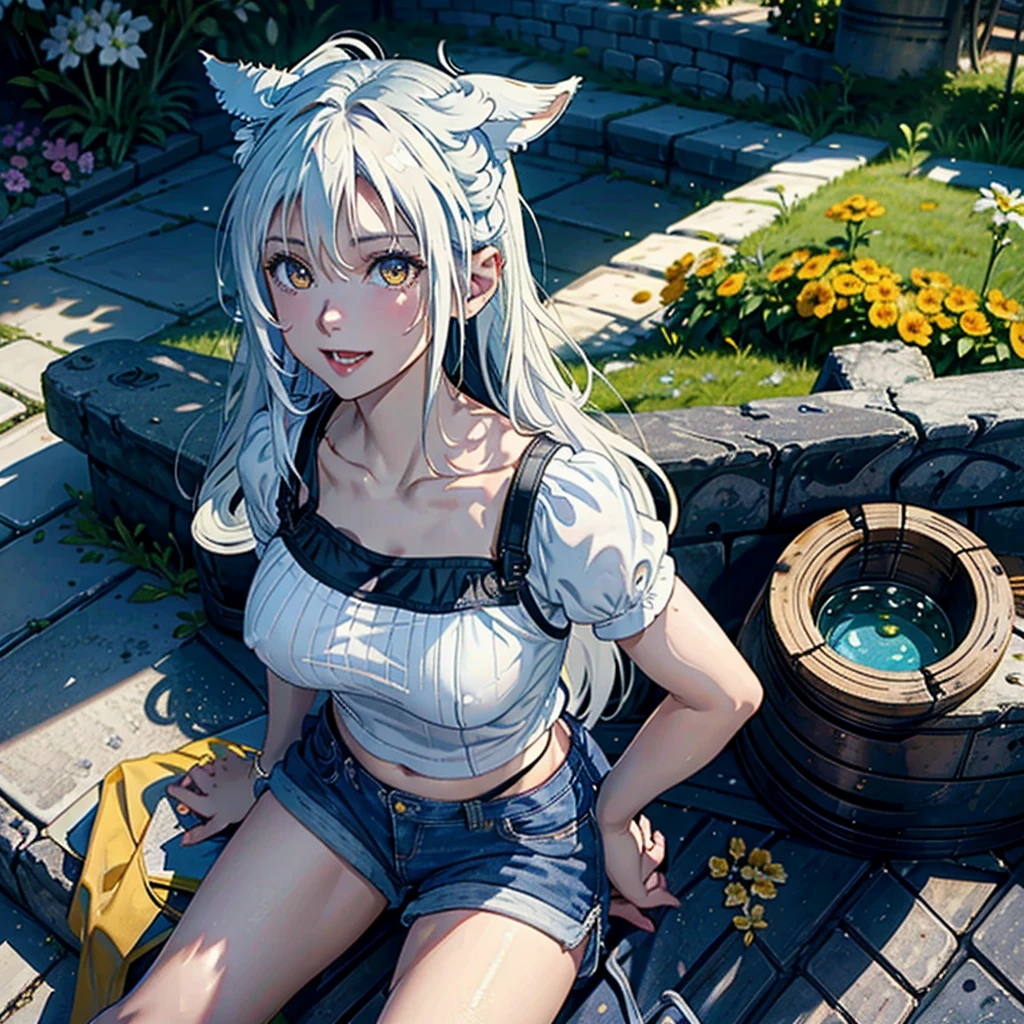 Girl with dog ears and tail, erect ears, honey yellow eyes, Highly detailed eyes, long hair and(( White)) with a small braid on the sides, denim shorts, translucent blouse, whole body, looking up, open mouth smile, big chest, beautiful body, detailed face y con amplia gama de gestos, sitting on a bench around a garden with flowers of various colors, detailed background, detailed face, Play of light and shadows, cinematographic, high quality, 8k, Masterpiece, 