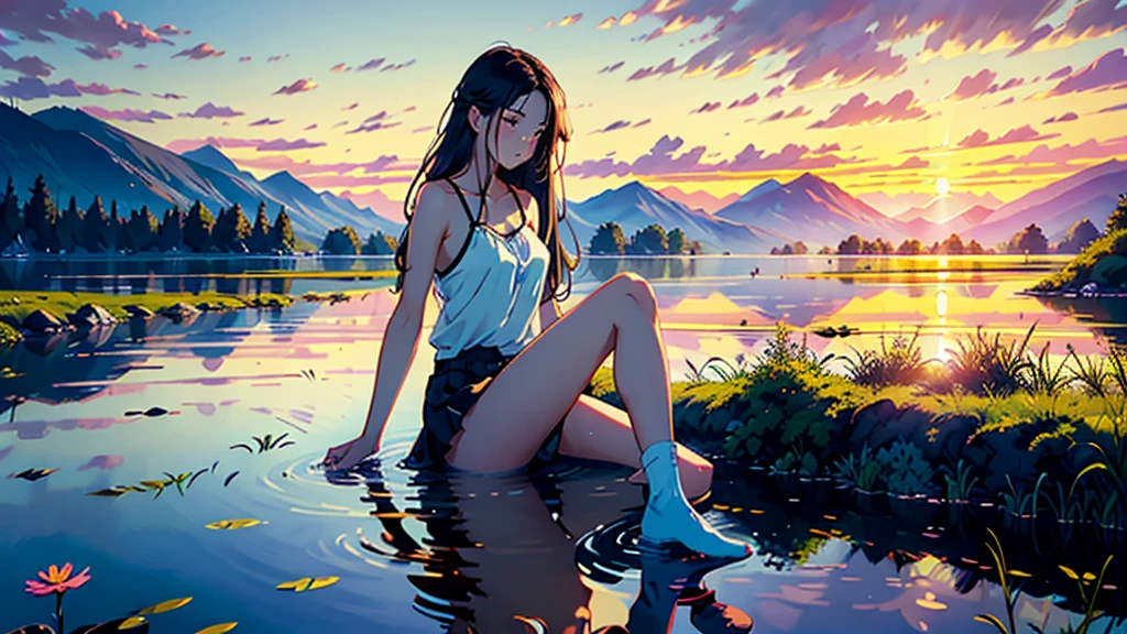 1 Girl, Calm expression, Captivating eyes, Straight Long Hair, Camisole, miniskirt and knee-highs, Calm posture, Porcelain-like skin, A faint blush, Crystal Pendant BREAK Golden Hour, (Rim Light):1.2, Warm tones, Solar flare, Soft Shadows, Vibrant colors, Painterly effect, Dream-like atmosphere BREAK Beautiful lake, Distant Mountain々, Willow Tree, Calm water, reflection, Sunlit clouds, Peaceful atmosphere, Beautiful sunset, Super detailed, Official Art, unity 8k wallpaper
, Tangled, Mandala