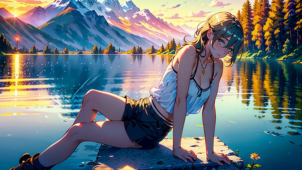 1 Girl, Calm expression, Captivating eyes, Straight Long Hair, Camisole, miniskirt and knee-highs, Calm posture, Porcelain-like skin, A faint blush, Crystal Pendant BREAK Golden Hour, (Rim Light):1.2, Warm tones, Solar flare, Soft Shadows, Vibrant colors, Painterly effect, Dream-like atmosphere BREAK Beautiful lake, Distant Mountain々, Willow Tree, Calm water, reflection, Sunlit clouds, Peaceful atmosphere, Beautiful sunset, Super detailed, Official Art, unity 8k wallpaper
, Tangled, Mandala