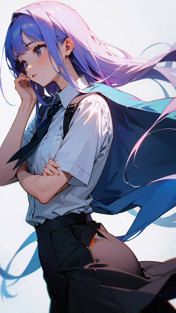 She is pretty and wearing shirt and a skirt.