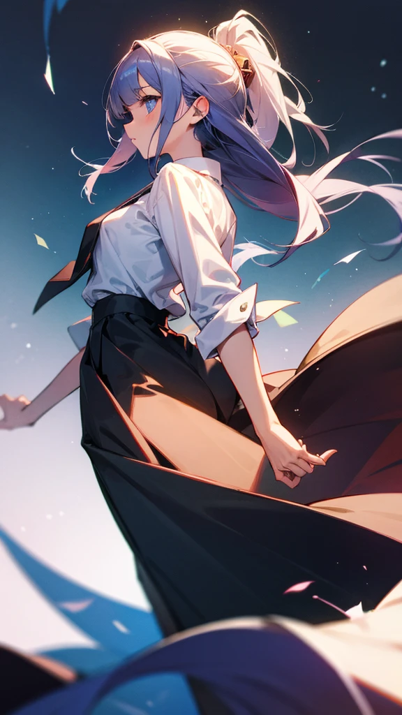 She is pretty and wearing shirt and a skirt.
