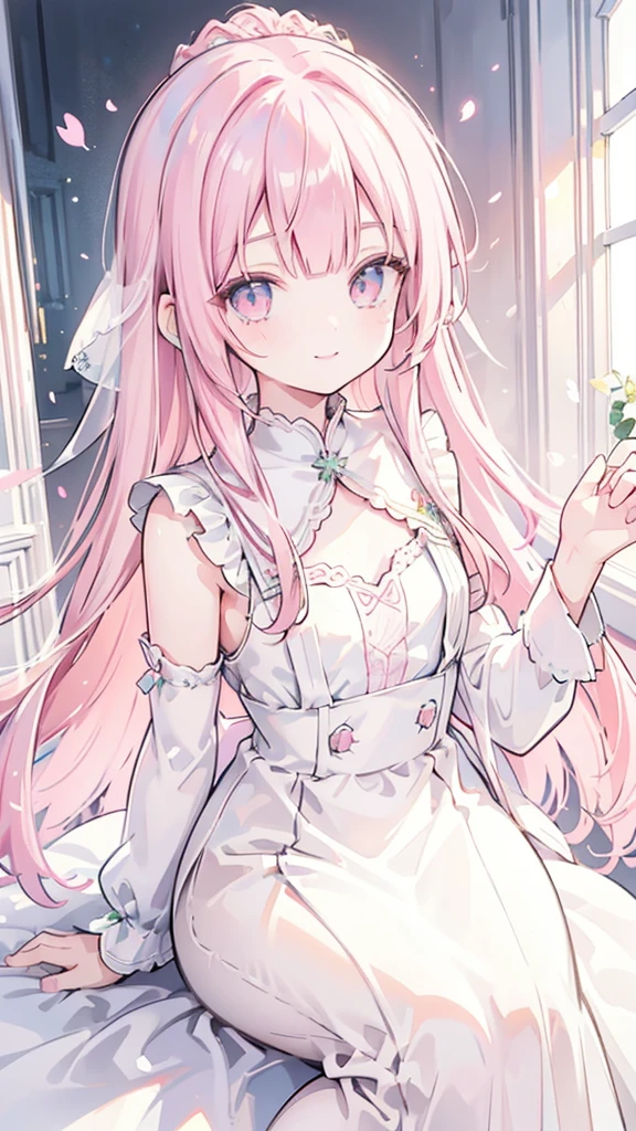 masterpiece, best quality, hyper detailed,1girl, smiling, looking at viewer,flat chest,light pink hair, blunt bangs,middle hair,gradient eyes,light pink eyes,light green eyes,Wedding dress,