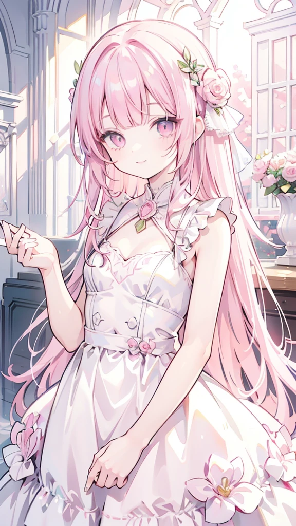 masterpiece, best quality, hyper detailed,1girl, smiling, looking at viewer,flat chest,light pink hair, blunt bangs,middle hair,gradient eyes,light pink eyes,light green eyes,Wedding dress,