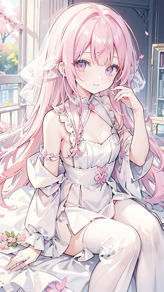 masterpiece, best quality, hyper detailed,1girl, smiling, looking at viewer,flat chest,light pink hair, blunt bangs,middle hair,gradient eyes,light pink eyes,light green eyes,Wedding dress,