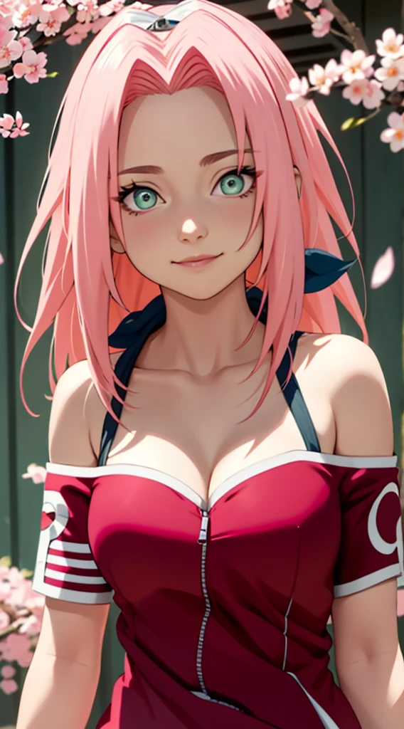 tmasterpiece, Best quality at best, 1girll, Sakura Haruno, Large breasts,Off-the-shoulder attire,(cleavage),(upperbody closeup),Raised sexy,is shy,ssmile,with pink hair, long whitr hair, (Green eyeballs:1.4), Forehead protection, the cherry trees,Cherry blossoms flying,Red clothes,Zipper half