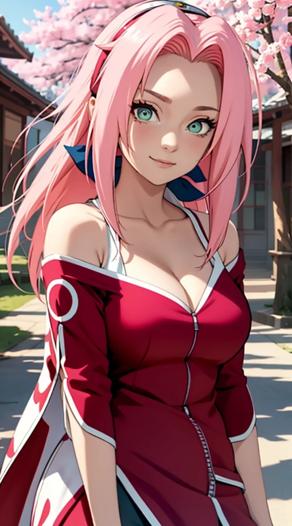 tmasterpiece, Best quality at best, 1girll, Sakura Haruno, Large breasts,Off-the-shoulder attire,(cleavage),(upperbody closeup),Raised sexy,is shy,ssmile,with pink hair, long whitr hair, (Green eyeballs:1.4), Forehead protection, the cherry trees,Cherry blossoms flying,Red clothes,Zipper half