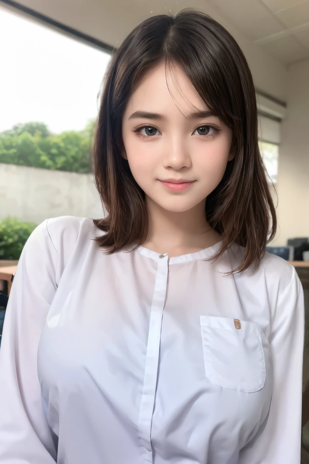 adorable, 1 girl, (face to face), , baby face, happy, half body portrait, (face details: 1), (eye details: 1), ((big breasts)). wearing transparent white long shirt, hijab, .. Cute posed. proportional body. Ultra High Res. realistic: 1.4, UHD, floral pattern
