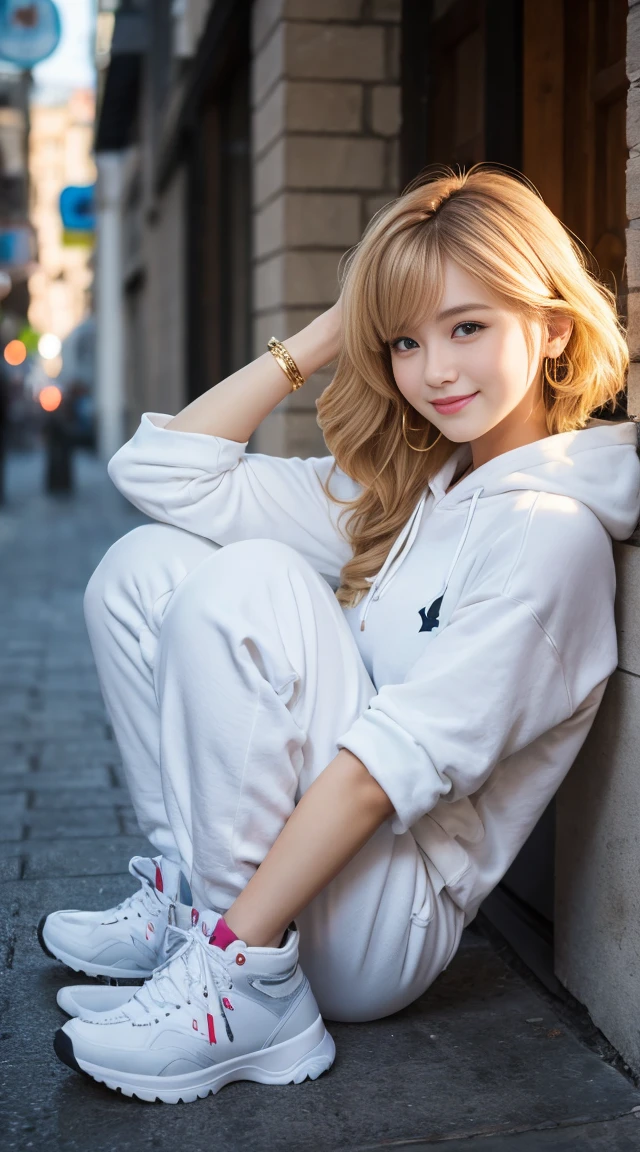 flying debris、Highest quality、An illustration、Highest quality、got it、High resolution、8k wallpaper、Perfect dynamic composition、(((Ezvian Everywhere)))、((From below))、Beautiful and cute 20 year old girl、Beautiful face in every detail、Delicate and cute eyes、Fine skin、Red cheeks.、shy、(Semi-short hair:1.3)、(wavy blonde hair)、Small breasts、Bold sexy pose、smile、Small breasts、Between the legs、Small Ass、Thin butt、Generated on the eaves.、Narrow shoulders、wavy blonde hair、blonde、Heart-shaped earrings、smile、、Gold bracelet、Tie your hair back、White hoodie、Deeply hooded、Loose fitting white harem pants、Baggy pants、Combat Boots、Army Boots、Standing posture showing the whole body、at the park