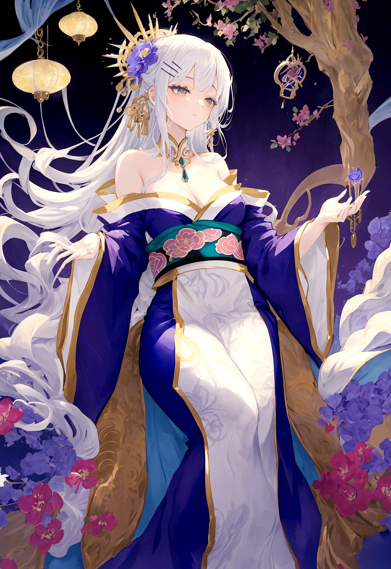 A high-quality watercolor-style painting of a glamorous female tarot reader with a light novel aesthetic. She has long, flowing silver hair adorned with beautiful decorations, including intricate hairpins and flowers. She is wearing an expensive, elaborately designed kimono with elegant patterns. The kimono is off-shoulder and reveals her midriff, showing a considerable amount of skin. She has a curvaceous and glamorous body shape. The background is white to enhance the light novel atmosphere. The scene captures her looking serene and mystical as she prepares to read the tarot cards.