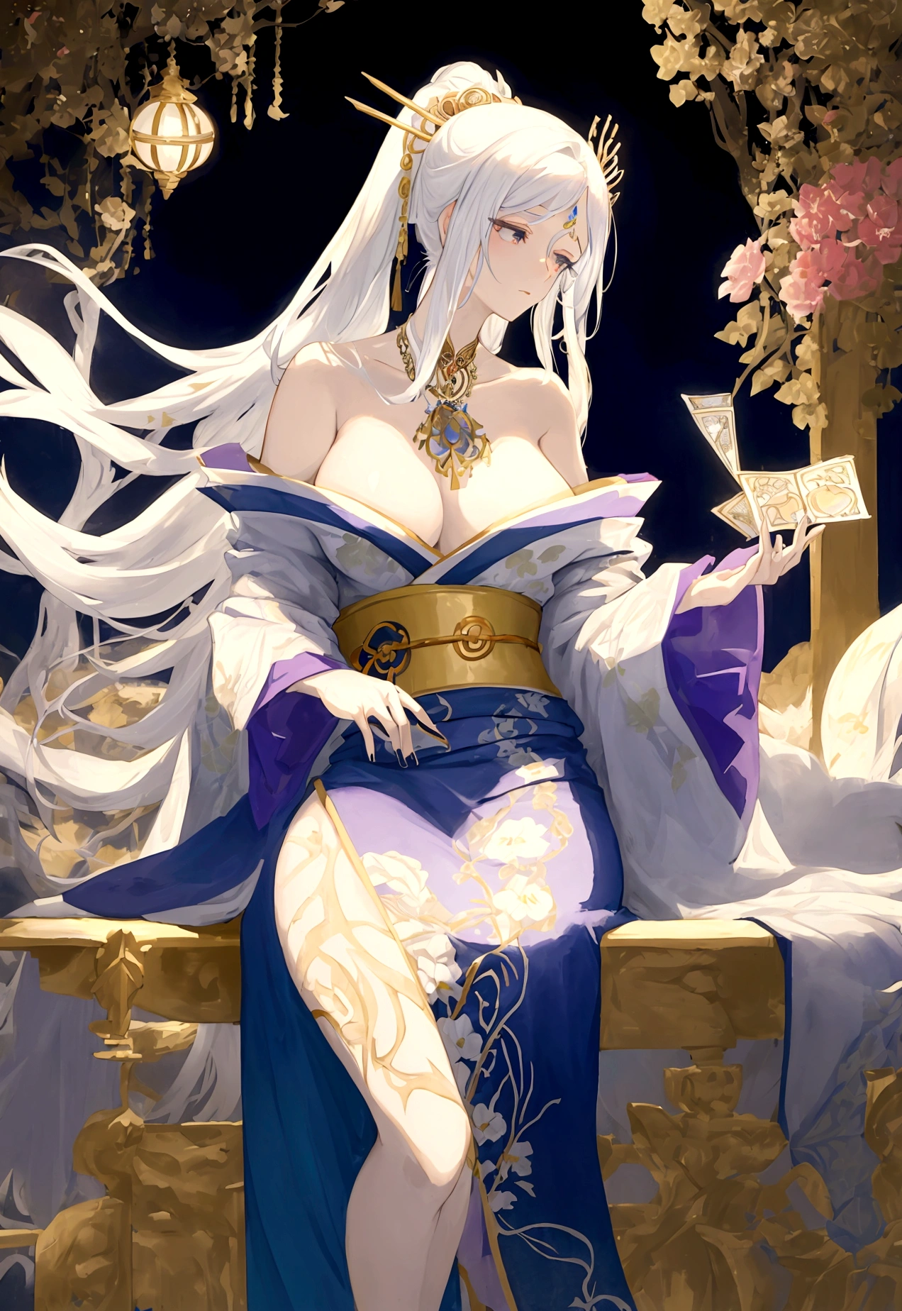 A high-quality watercolor-style painting of a glamorous female tarot reader with a light novel aesthetic. She has long, flowing silver hair adorned with beautiful decorations, including intricate hairpins and flowers. She is wearing an expensive, elaborately designed kimono with elegant patterns. The kimono is off-shoulder and reveals her midriff, showing a considerable amount of skin. She has a curvaceous and glamorous body shape. The background is white to enhance the light novel atmosphere. The scene captures her looking serene and mystical as she prepares to read the tarot cards.