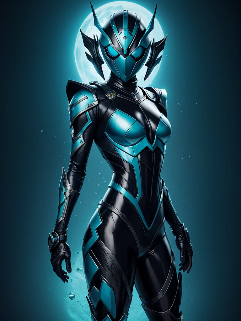 . Slim body. Female Kamen rider. Sea serpent styled kamen rider. Blue and black female kamen rider suit. Sea serpent styled full face kamen rider helmet. No face exposed. No hair exposed. Kamen rider belt. Standing pose. Blue background.